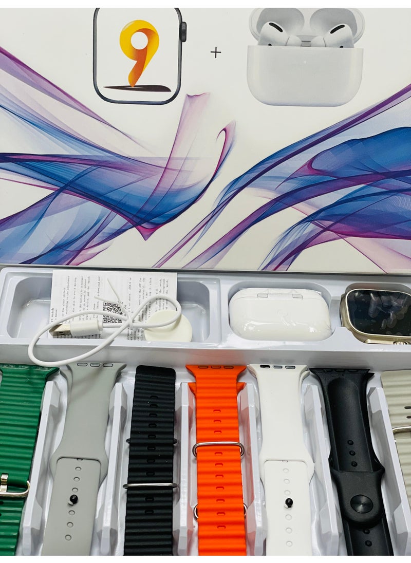 9 +1 Smart Watch Ultra with Earphones Or 7 Straps Full Touch Color Screen Bluetooth Calling Health and Sports Smartwatch Multicolor