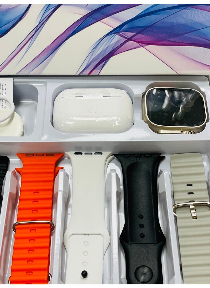 9 +1 Smart Watch Ultra with Earphones Or 7 Straps Full Touch Color Screen Bluetooth Calling Health and Sports Smartwatch Multicolor