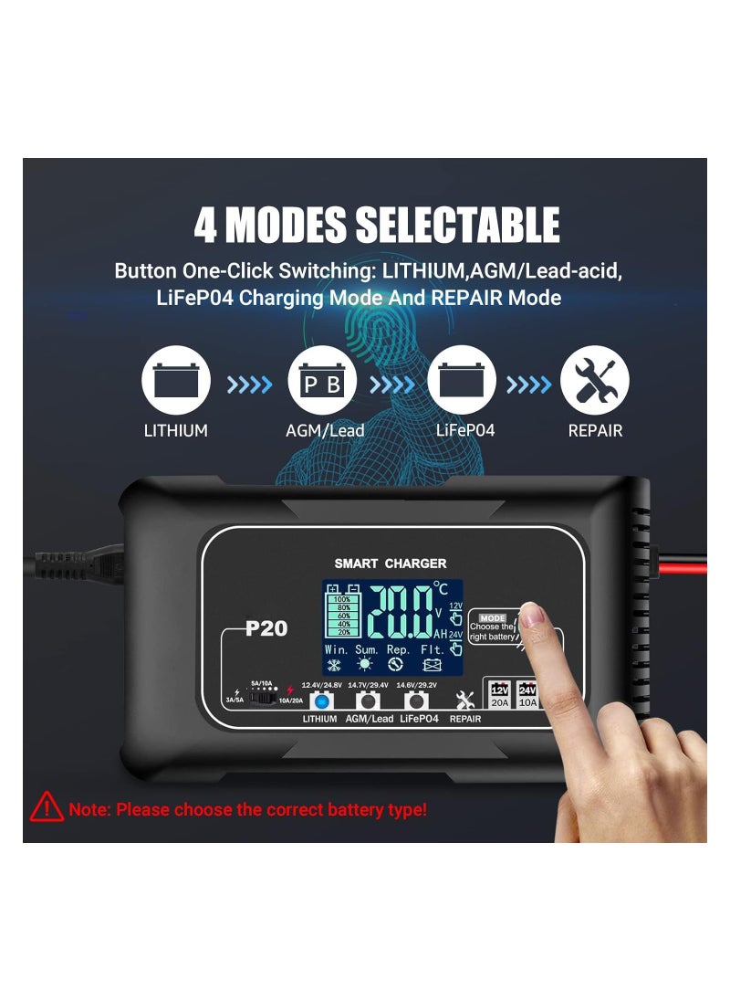 20A Smart Battery Charger for Lithium, LiFePO4, and Lead-Acid (AGM/Gel/SLA) Batteries - 12V/20A u0026 24V/10A Trickle Charger and Maintainer for Boats, Motorcycles, and Lawn Mowers.