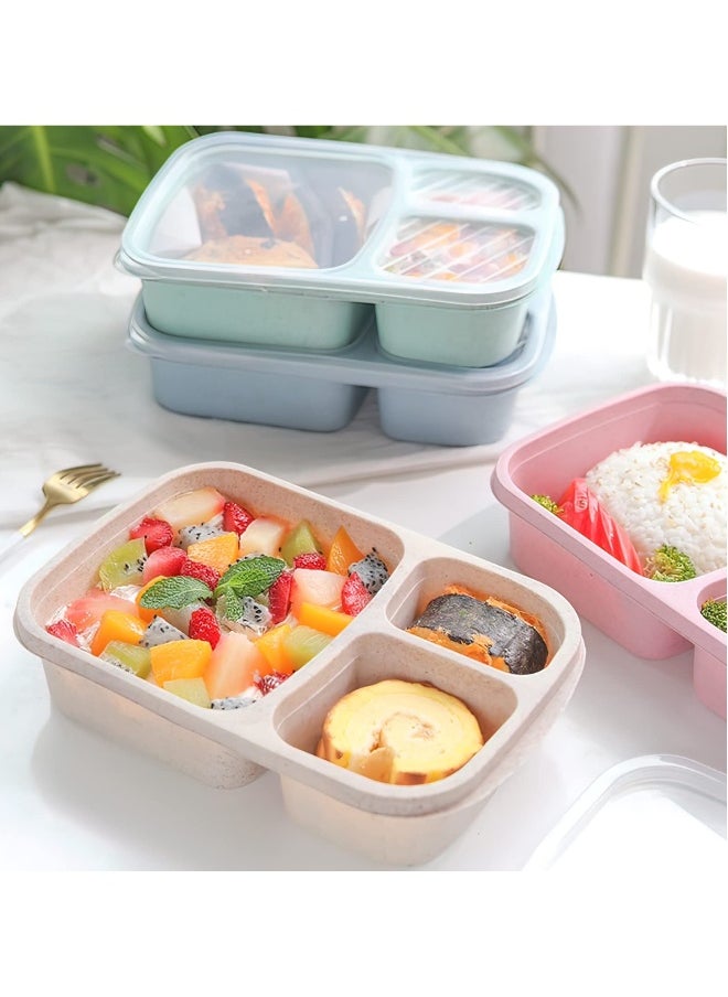 SYOSI 8 Pcs Bento Lunch Box, 3 Compartment Meal Prep Container for Adults/Kids, Straw Wheat Fiber Lunch Container for Microwave and Dishwasher Safe, Reusable Snack Container for Work, School, Travel