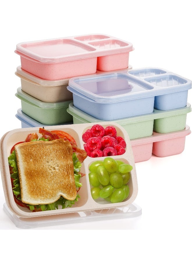 SYOSI 8 Pcs Bento Lunch Box, 3 Compartment Meal Prep Container for Adults/Kids, Straw Wheat Fiber Lunch Container for Microwave and Dishwasher Safe, Reusable Snack Container for Work, School, Travel