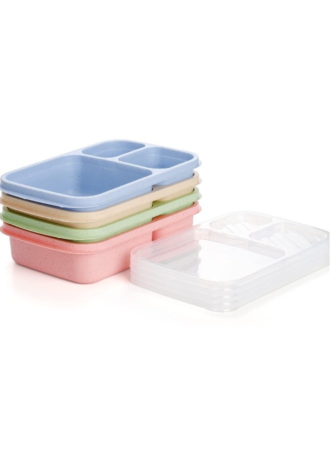 SYOSI 8 Pcs Bento Lunch Box, 3 Compartment Meal Prep Container for Adults/Kids, Straw Wheat Fiber Lunch Container for Microwave and Dishwasher Safe, Reusable Snack Container for Work, School, Travel