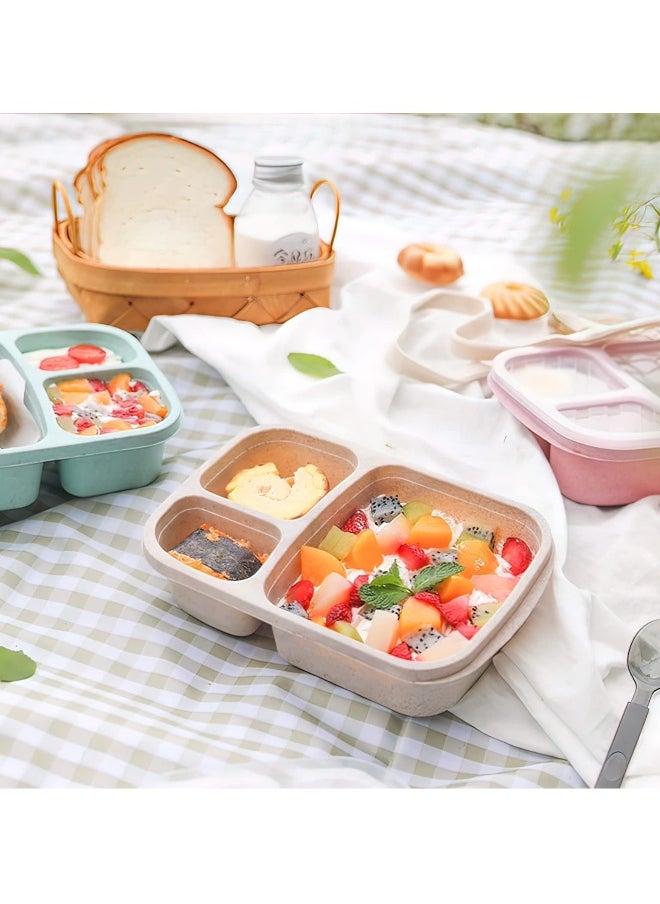 SYOSI 8 Pcs Bento Lunch Box, 3 Compartment Meal Prep Container for Adults/Kids, Straw Wheat Fiber Lunch Container for Microwave and Dishwasher Safe, Reusable Snack Container for Work, School, Travel