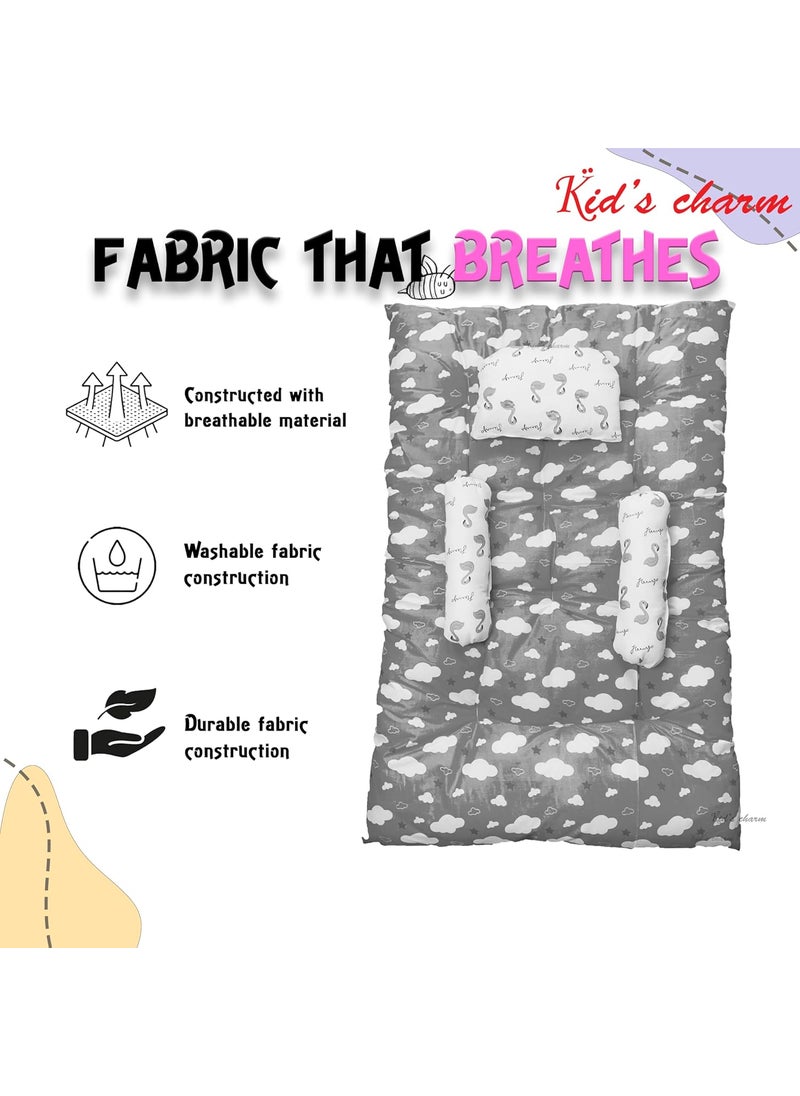 Kids Charm Baby Sleeping CloudMini Portable 2 in 1 for 0 to 4 Months New Born Baby Baby Sleeping Bed Cotton PillowGrey