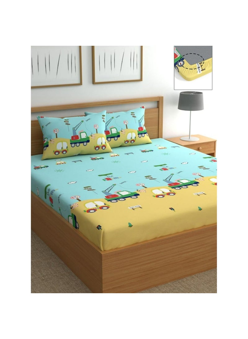 UrbanArts 250 TC Cotton Elastic Fitted 72 x 75 Conversational Printed Double Bed Fitted Bedsheet with 2 Pillow Covers Blue and Yellow for Kids Room Childrens Babies Room