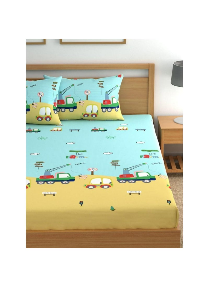 UrbanArts 250 TC Cotton Elastic Fitted 72 x 75 Conversational Printed Double Bed Fitted Bedsheet with 2 Pillow Covers Blue and Yellow for Kids Room Childrens Babies Room
