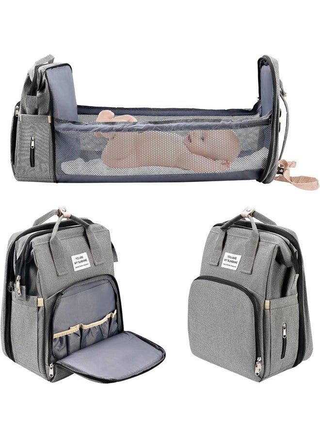 Baby Diaper Bag Backpack, Diaper Bag Multi Function Waterproof Travel Backpack Nappy Bags, Portable Changing Mat and Foldable Cot, Baby Travel Bag for Mum and Dad (Grey)