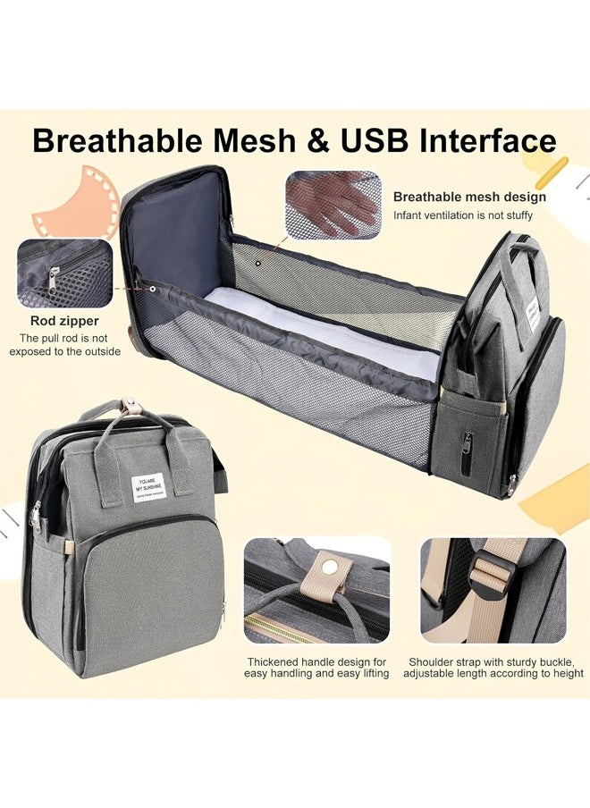 Baby Diaper Bag Backpack, Diaper Bag Multi Function Waterproof Travel Backpack Nappy Bags, Portable Changing Mat and Foldable Cot, Baby Travel Bag for Mum and Dad (Grey)