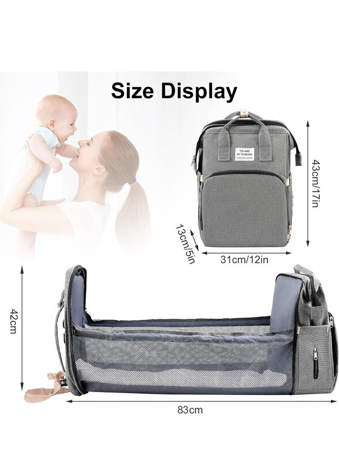Baby Diaper Bag Backpack, Diaper Bag Multi Function Waterproof Travel Backpack Nappy Bags, Portable Changing Mat and Foldable Cot, Baby Travel Bag for Mum and Dad (Grey)