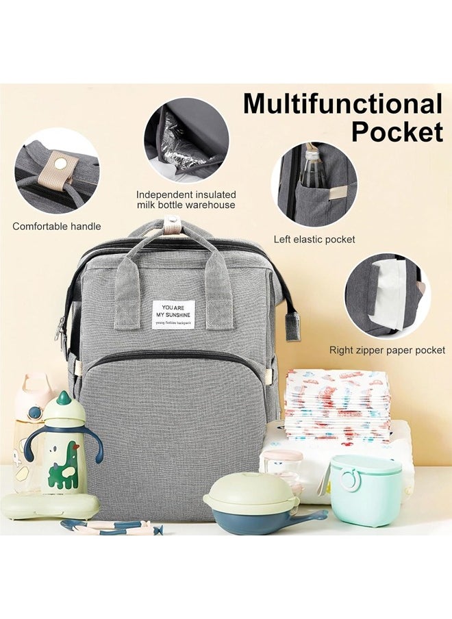 Baby Diaper Bag Backpack, Diaper Bag Multi Function Waterproof Travel Backpack Nappy Bags, Portable Changing Mat and Foldable Cot, Baby Travel Bag for Mum and Dad (Grey)