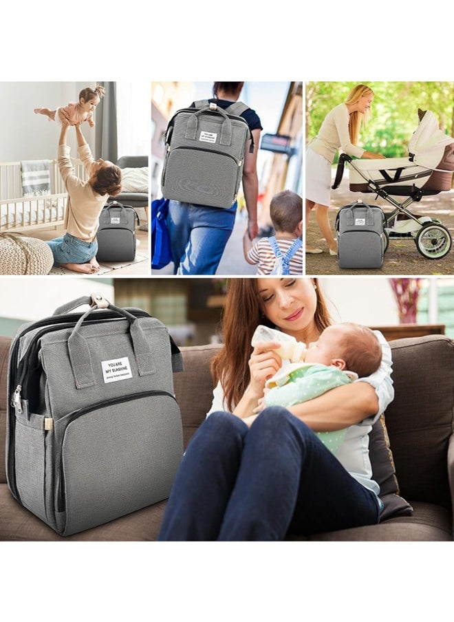Baby Diaper Bag Backpack, Diaper Bag Multi Function Waterproof Travel Backpack Nappy Bags, Portable Changing Mat and Foldable Cot, Baby Travel Bag for Mum and Dad (Grey)