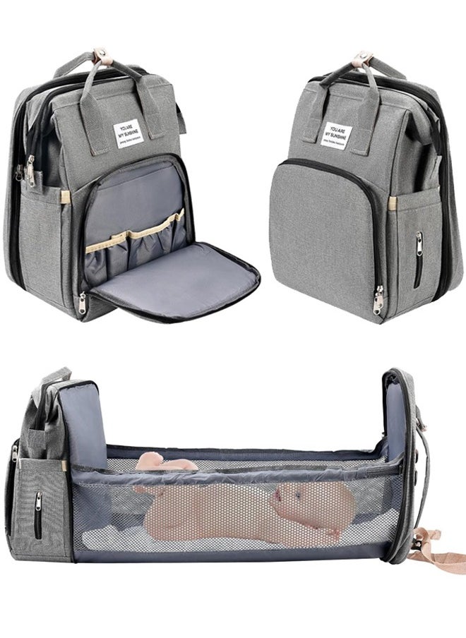 Baby Diaper Bag Backpack, Diaper Bag Multi Function Waterproof Travel Backpack Nappy Bags, Portable Changing Mat and Foldable Cot, Baby Travel Bag for Mum and Dad (Grey)