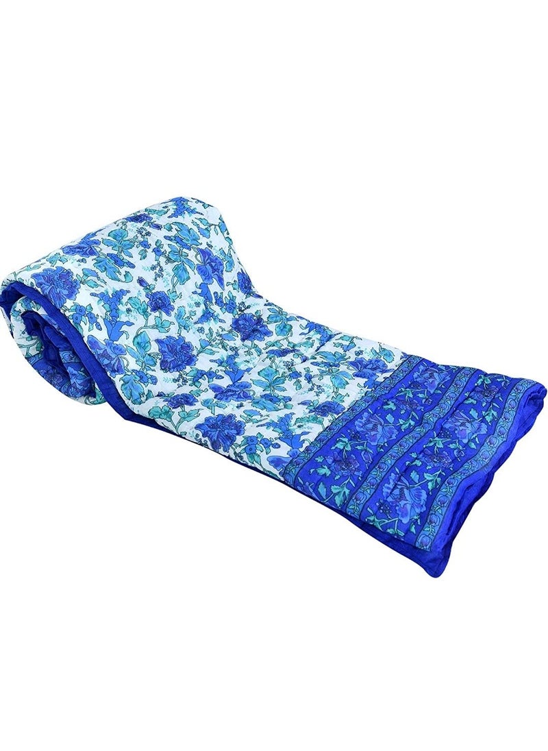 Throw King Light Weight Rajasthani Traditional Hand Made Pure Cotton Floral Desing Single Bed Jaipuri razaiQuilt RazaiBlanket Single Bed 60 x 90Inch Bule_trw11