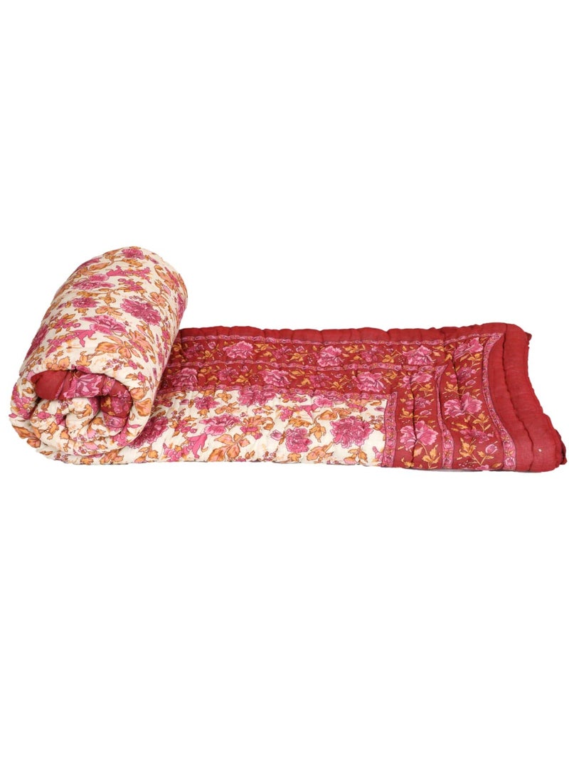Throw King Light Weight Rajasthani Traditional Hand Made Pure Cotton Floral Desing Single Bed Jaipuri RazaiQuilt RazaiBlanket Single Bed 60 x 90Inch Maroon Garden