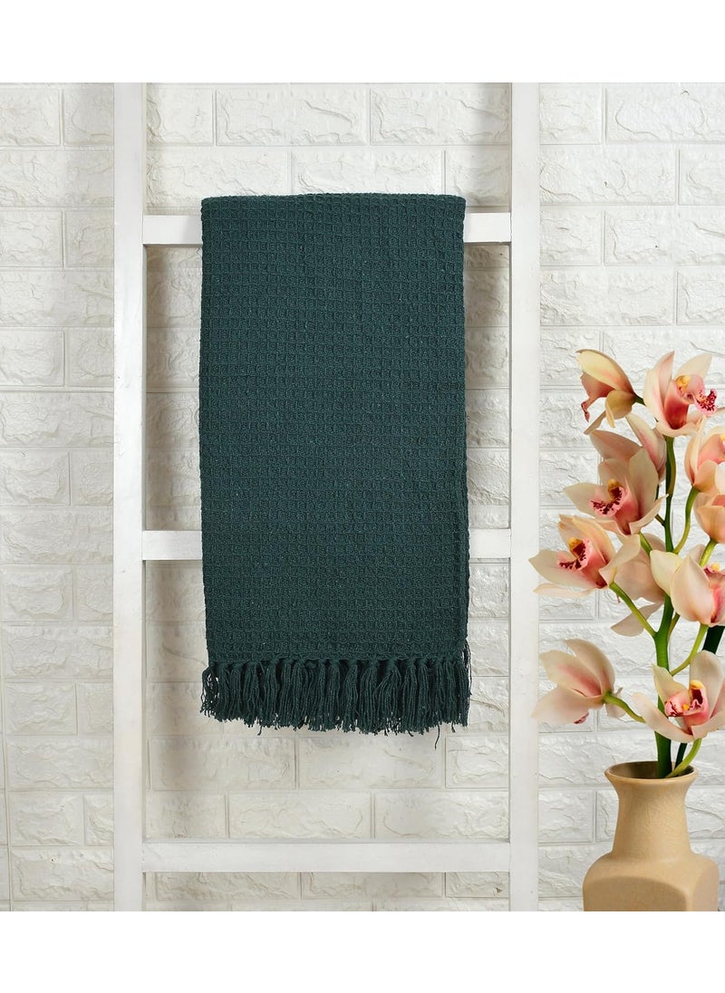 DecorAvenue Pure Cotton Throw Blanket Knitted Waffle Throw for Sofa Bed Chair and GiftsSoft Reversible Breathable Tassels All Seasons Dark Green