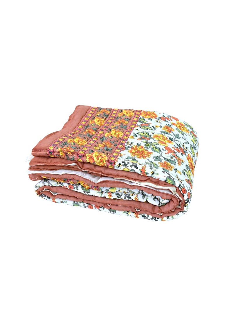THROW KING Rajasthani Jaipuri Pure Cotton Floral Desing Printed Jaipuri RazaiRajaiQuiltBlanketDohar Beige Single TC 220