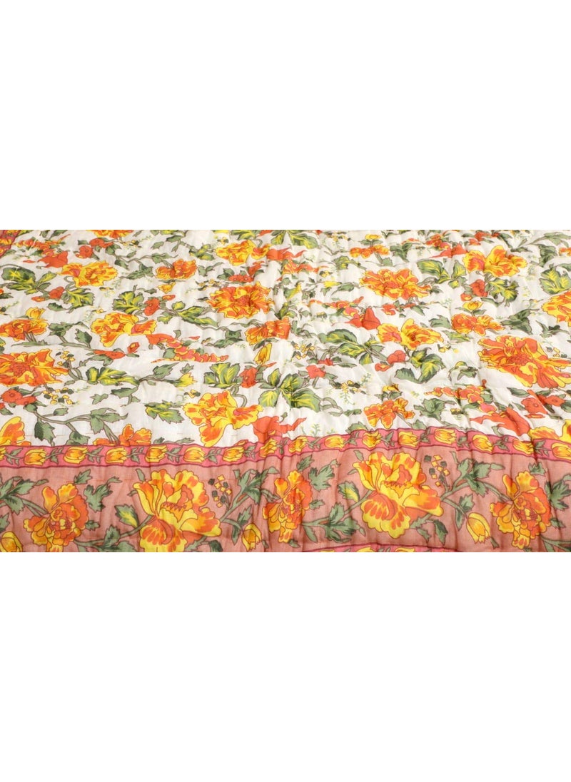 THROW KING Rajasthani Jaipuri Pure Cotton Floral Desing Printed Jaipuri RazaiRajaiQuiltBlanketDohar Beige Single TC 220