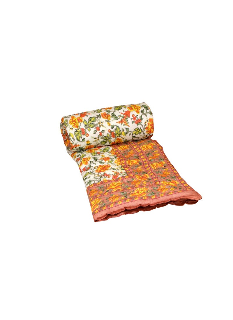 THROW KING Rajasthani Jaipuri Pure Cotton Floral Desing Printed Jaipuri RazaiRajaiQuiltBlanketDohar Beige Single TC 220