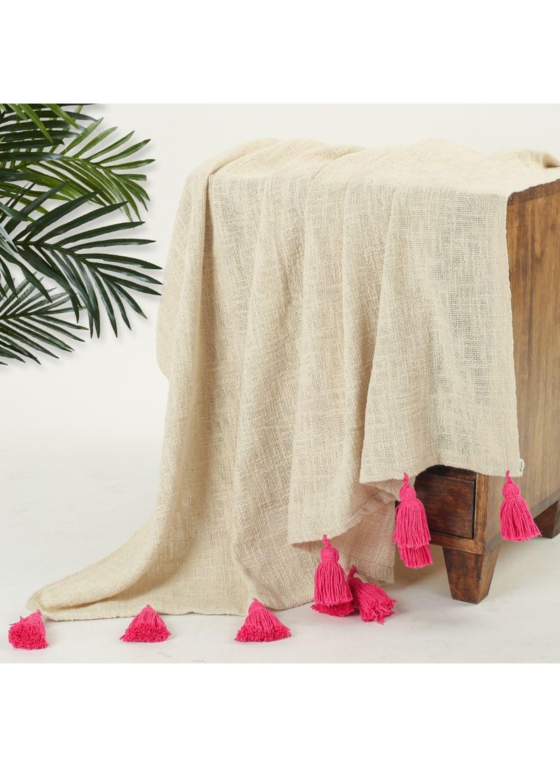 HOMADORN 100 Cotton Off White Throw Blanket with Handmade Colorful Tassel for Sofa Bed Couch 50 x 60 iches Pink