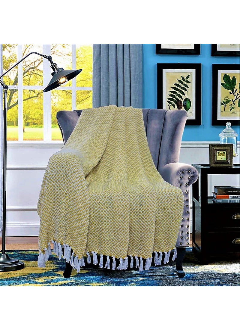 The Furnishers Chevron 78x60 Inch Reversible Cotton Throw Blanket with Tassels Blanket for Living Room Sofa Bed Chair Picnic Used for Gift Yellow Narrow Chevron Size 200x150 Cm