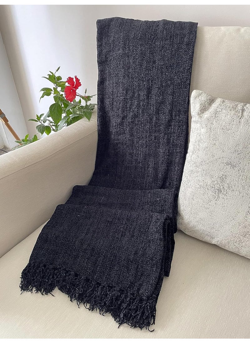 Tangerine casa Handmade Luxury Throw Blanket with Fringes for Sofa Bed Couch Polyester Feels Soft and Warm Vibrant and Attractive Appearance Luxury Black Chenille 50 60 Inches