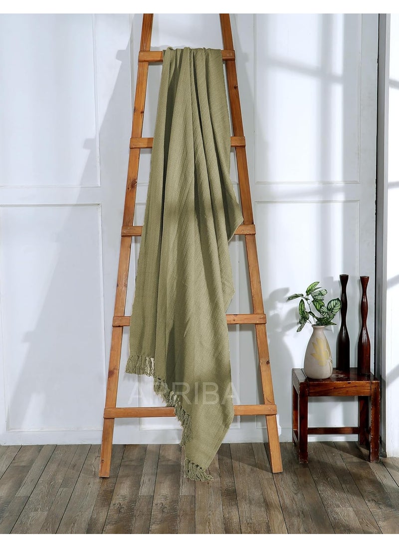 KOSTORICA Hand Made Knitted Pure Cotton Woven Herringbone Stripe Geometry Sofa Fringes Throw Blanket for Bedroom Couch Living Room Sage Green 50x60 Inches Pack of 1 Pc