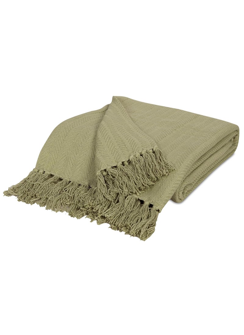 KOSTORICA Hand Made Knitted Pure Cotton Woven Herringbone Stripe Geometry Sofa Fringes Throw Blanket for Bedroom Couch Living Room Sage Green 50x60 Inches Pack of 1 Pc