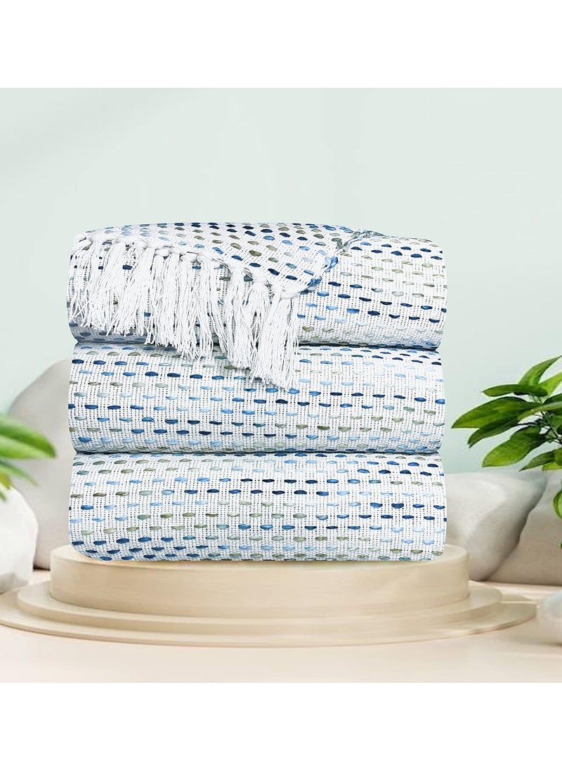 SAJAVAT HOME HandKnitted Pure Cotton Sofa Throw Decorative Throw for Living Room Bedroom Sofa Chair Blue Multi with Tassels 82x52 Inches 208x132 CMS Pack of 3
