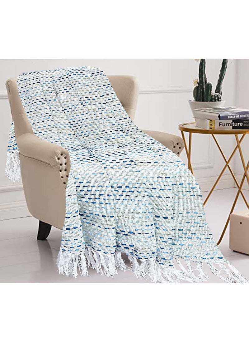 SAJAVAT HOME HandKnitted Pure Cotton Sofa Throw Decorative Throw for Living Room Bedroom Sofa Chair Blue Multi with Tassels 82x52 Inches 208x132 CMS Pack of 3
