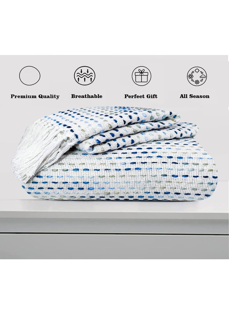 SAJAVAT HOME HandKnitted Pure Cotton Sofa Throw Decorative Throw for Living Room Bedroom Sofa Chair Blue Multi with Tassels 82x52 Inches 208x132 CMS Pack of 3