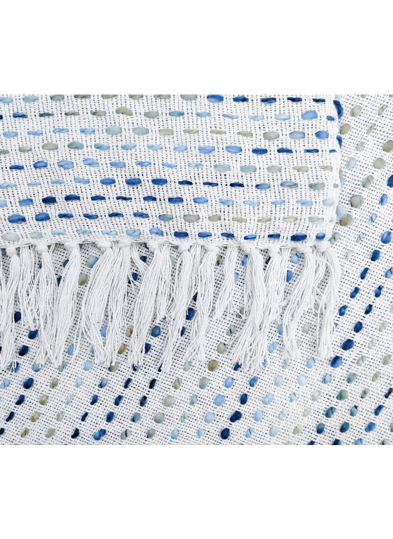 SAJAVAT HOME HandKnitted Pure Cotton Sofa Throw Decorative Throw for Living Room Bedroom Sofa Chair Blue Multi with Tassels 82x52 Inches 208x132 CMS Pack of 3