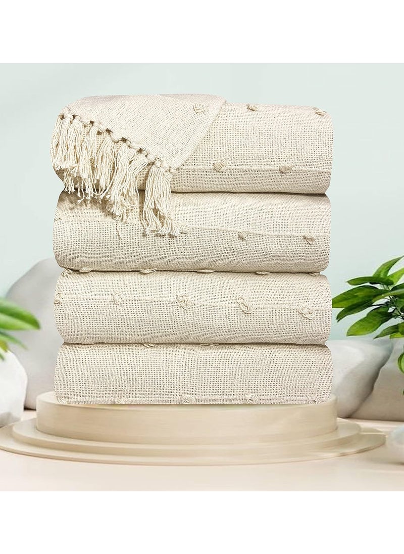 SAJAVAT HOME HandKnitted Pure Cotton Sofa Throw Decorative Throw for Living Room Bedroom Sofa Chair 52x82 INCHES 132x208 CMS Beige Pack of 4
