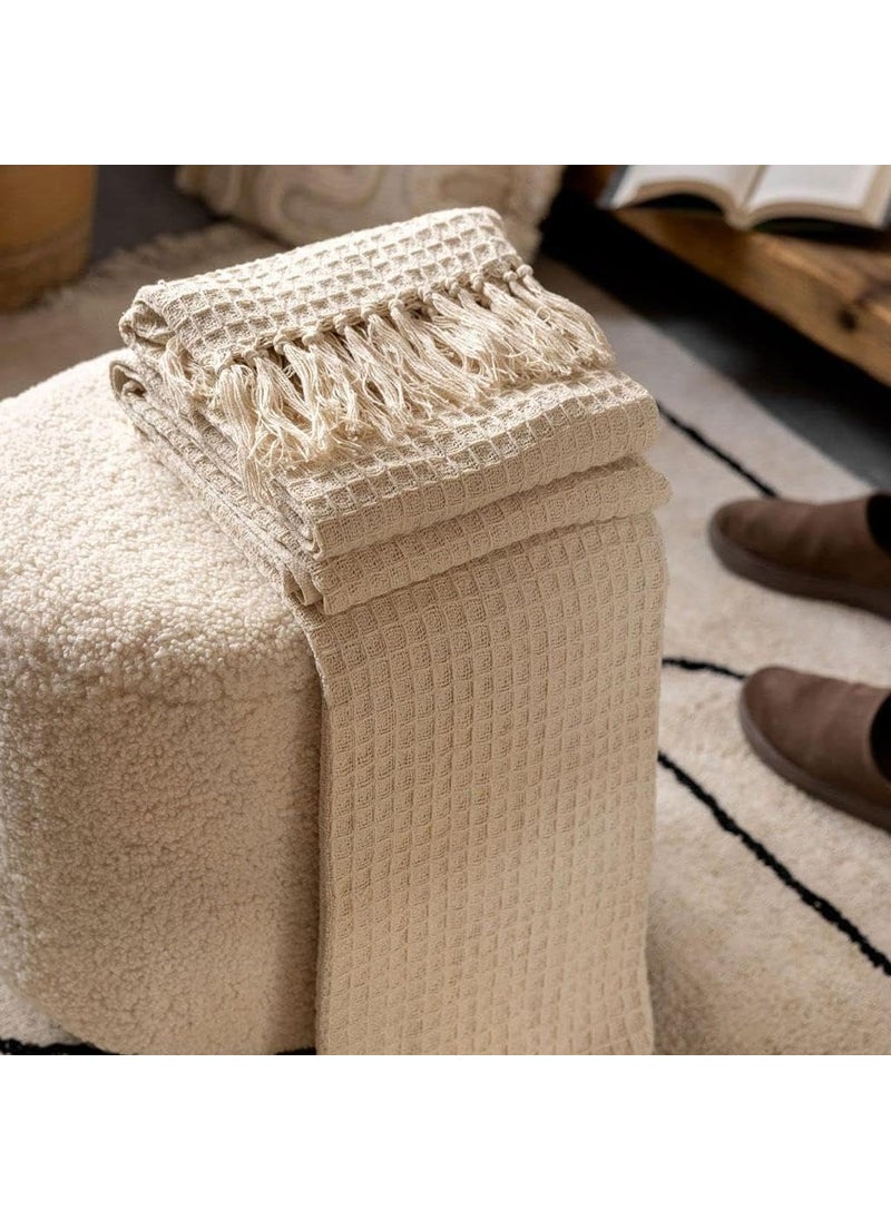 XY DECOR Cotton Throw Blanket125x150 cm Throws for Sofa and Couch 3 Seater 120 TC with Fringes Colour Off White