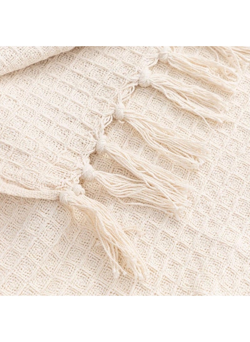 XY DECOR Cotton Throw Blanket125x150 cm Throws for Sofa and Couch 3 Seater 120 TC with Fringes Colour Off White