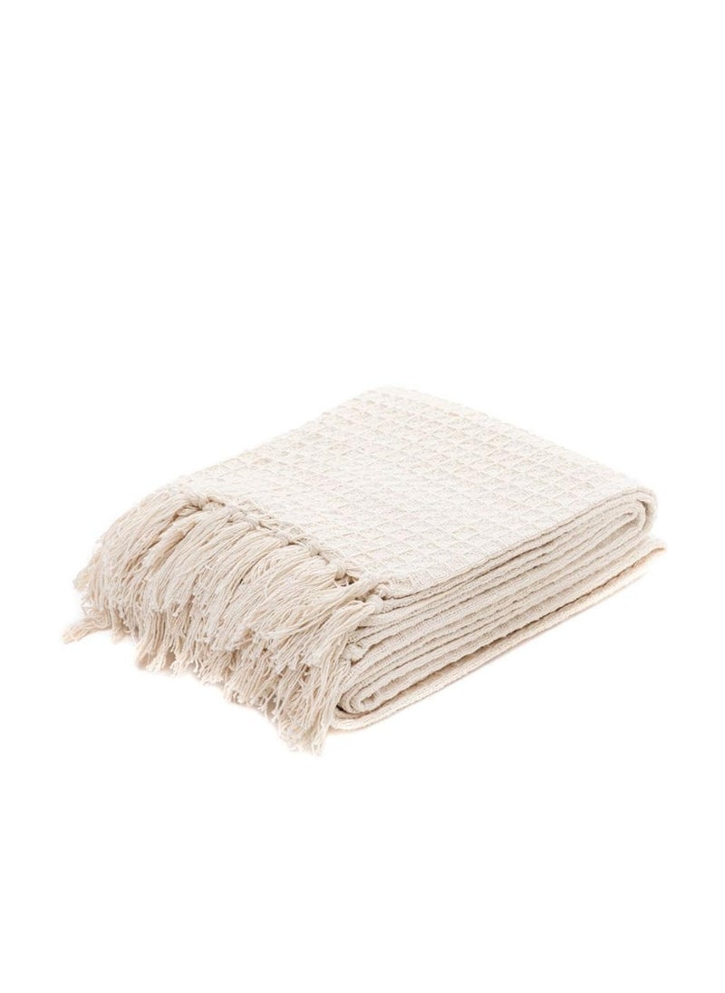 XY DECOR Cotton Throw Blanket125x150 cm Throws for Sofa and Couch 3 Seater 120 TC with Fringes Colour Off White