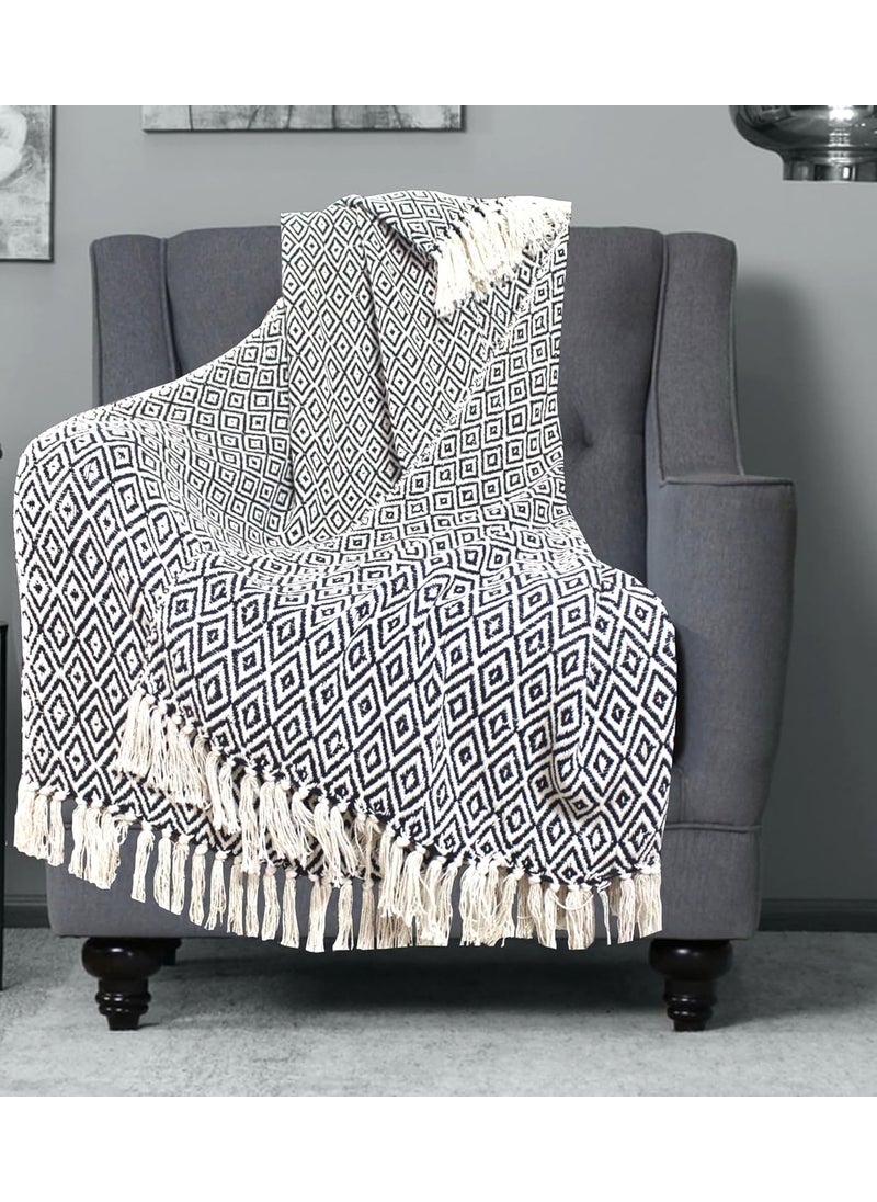 The Furnishers Reversible Black Argyle Pattern 50x60 Inches Woven Cotton Throw Blanket for Living Room Bedroom Sofa Couch Bed Chair 125x150 cm TC 300