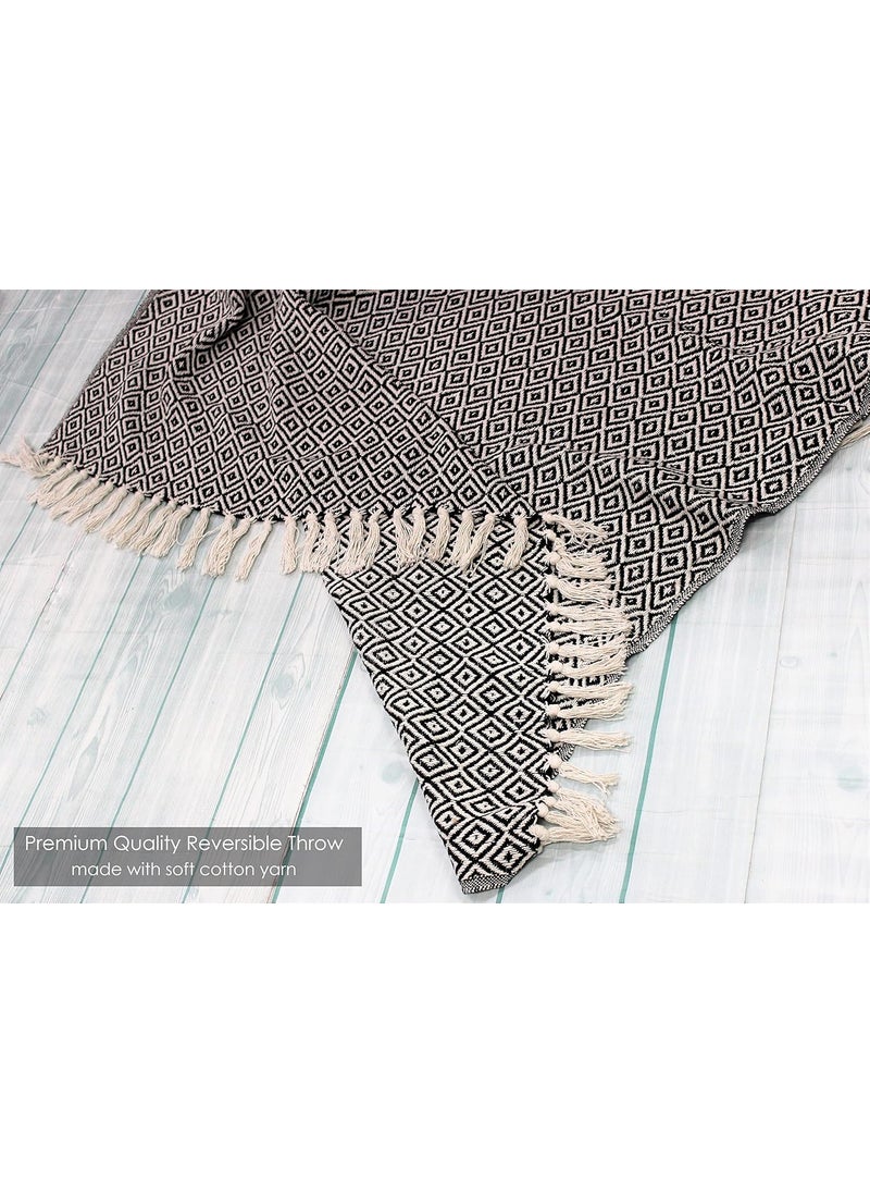 The Furnishers Reversible Black Argyle Pattern 50x60 Inches Woven Cotton Throw Blanket for Living Room Bedroom Sofa Couch Bed Chair 125x150 cm TC 300