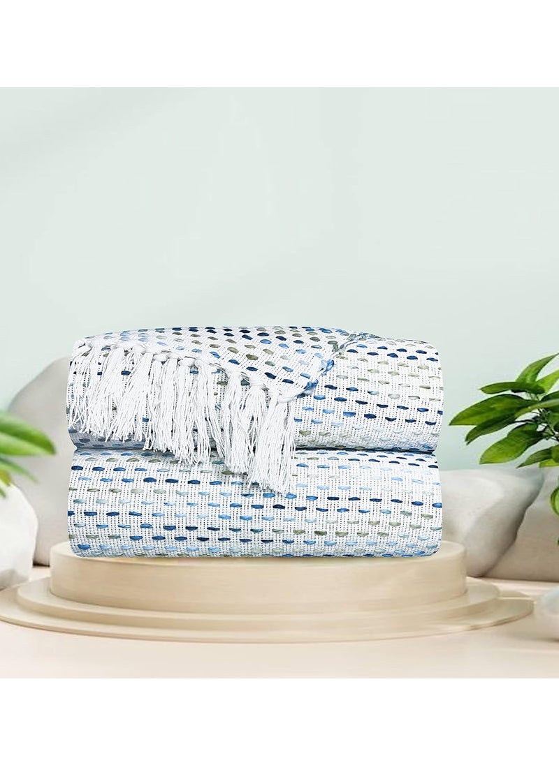 SAJAVAT HOME HandKnitted Pure Cotton Sofa Throw Decorative Throw for Living Room Bedroom Sofa Chair Teal Blue with Tassels 82x52 Inches 208x132 CMS Pack of 2