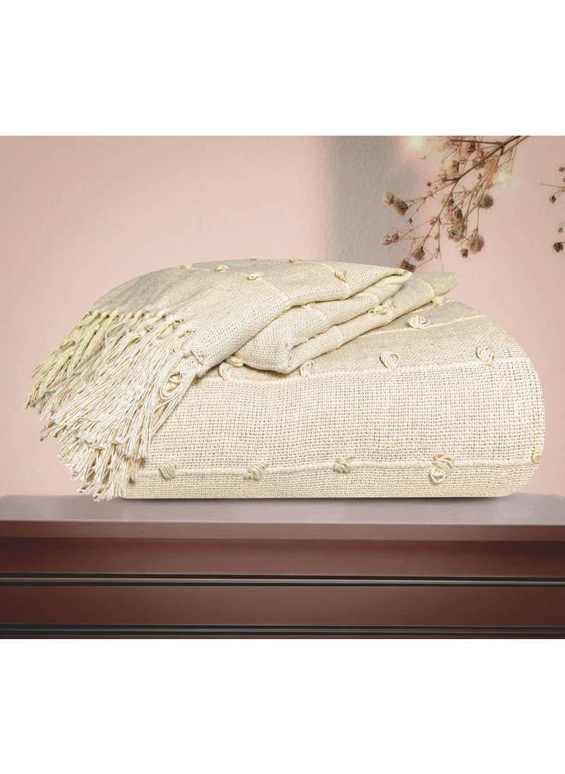 TradeForhome Pure Cotton HandKnitted Sofa Throw Soft and Cozy Decorative Throw 82x52 Inches 208x132 Cms Beige with Tassels Adjustable and Breathable Pack of 1