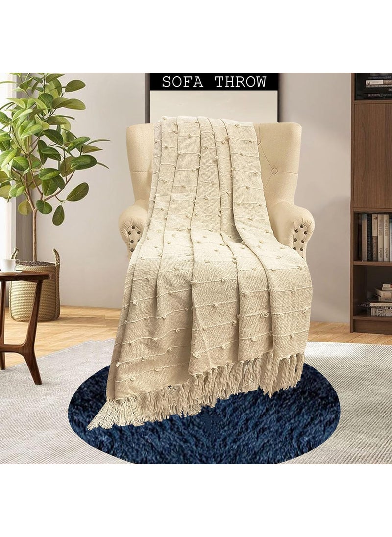 TradeForhome Pure Cotton HandKnitted Sofa Throw Soft and Cozy Decorative Throw 82x52 Inches 208x132 Cms Beige with Tassels Adjustable and Breathable Pack of 1