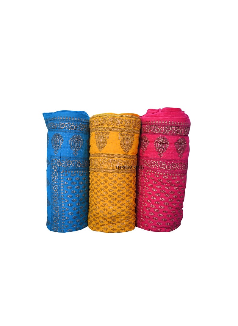 THROW KING Rajasthani Jaipuri Pure Organic Cotton DabuFloral Printed Skin Friendly Single Bed Jaipuri RazaiRajaiQuiltBlanketDoharBlueYellowPink Set of 3