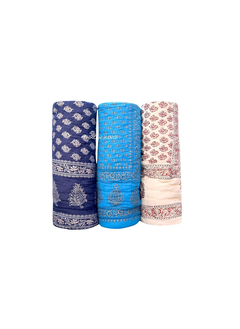 THROW KING Rajasthani Jaipuri Pure Organic Cotton Floral Printed Skin Friendly Single Bed Jaipuri RazaiRajaiQuiltBlanketDoharBlueNavy BlueCream Set of 3