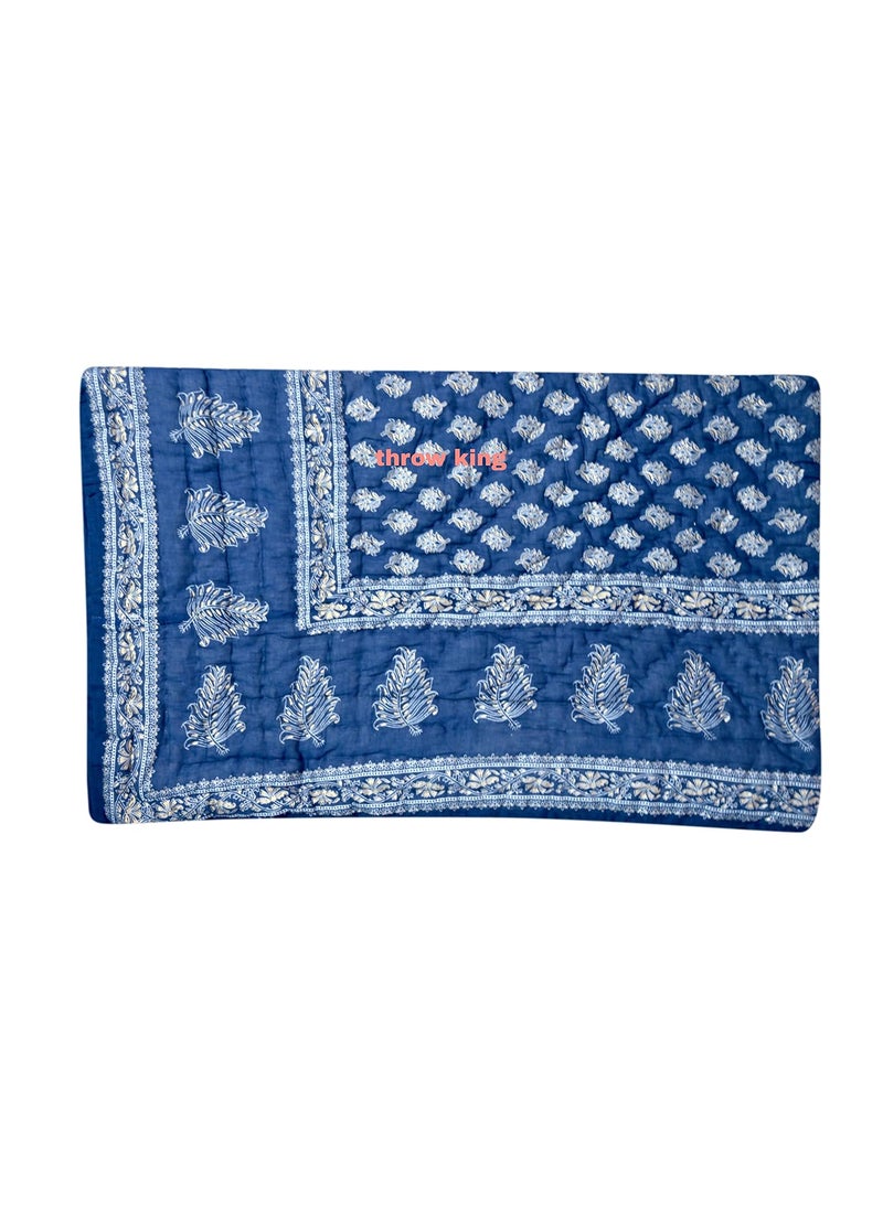 THROW KING Rajasthani Jaipuri Pure Organic Cotton Floral Printed Skin Friendly Single Bed Jaipuri RazaiRajaiQuiltBlanketDoharBlueNavy BlueCream Set of 3