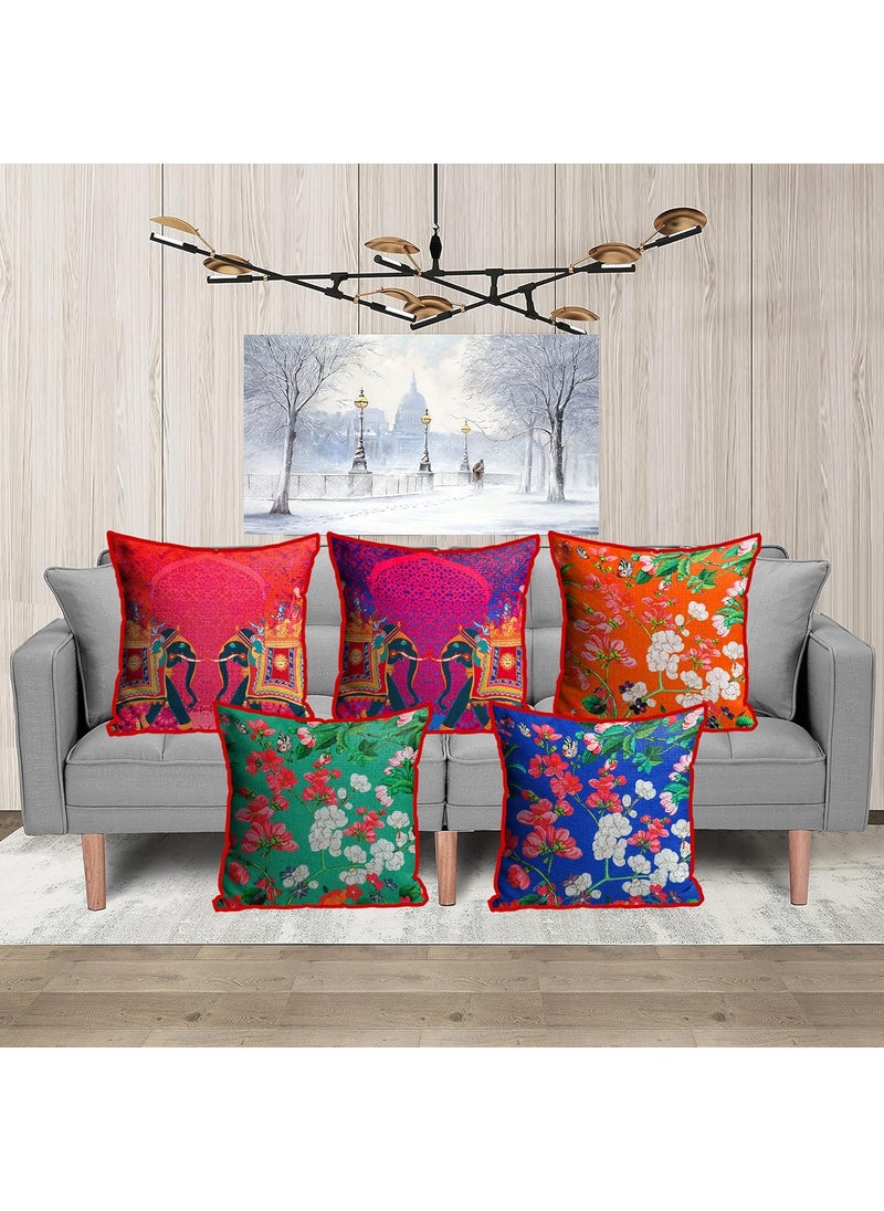DREAMVIO Jute Fabric Printed Decorative ThrowPillow Covers Cushion Covers for Living Room Bed Room SofaChairs PackSet of 5 Multi Flowers Multicolor Size 12 x 12 Inches Style 39