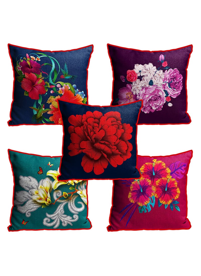 DREAMVIO Jute Fabric Printed Decorative ThrowPillow Covers Cushion Covers for Living Room Bed Room SofaChairs PackSet of 5 Multi Flowers Multicolor Size 12 x 12 Inches Style 17