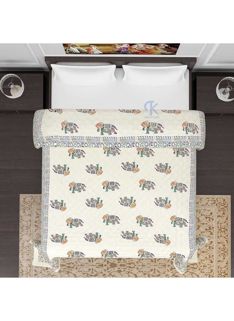 THROW KING Pure Organic Cotton Rajasthani Double Bed Jaipuri Razai Ac Blanket Hand Block Elephant Desing Print Double Bed Jaipuri razairajaiQuiltBlanket Double Bed