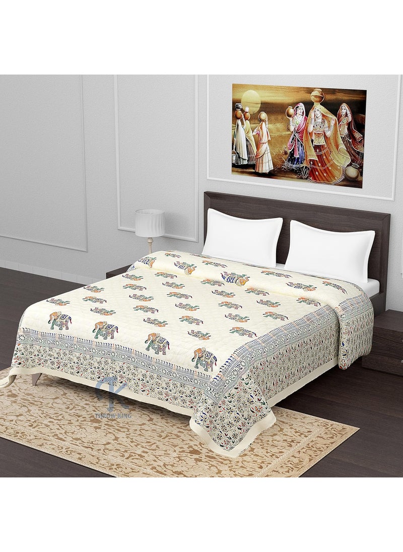 THROW KING Pure Organic Cotton Rajasthani Double Bed Jaipuri Razai Ac Blanket Hand Block Elephant Desing Print Double Bed Jaipuri razairajaiQuiltBlanket Double Bed