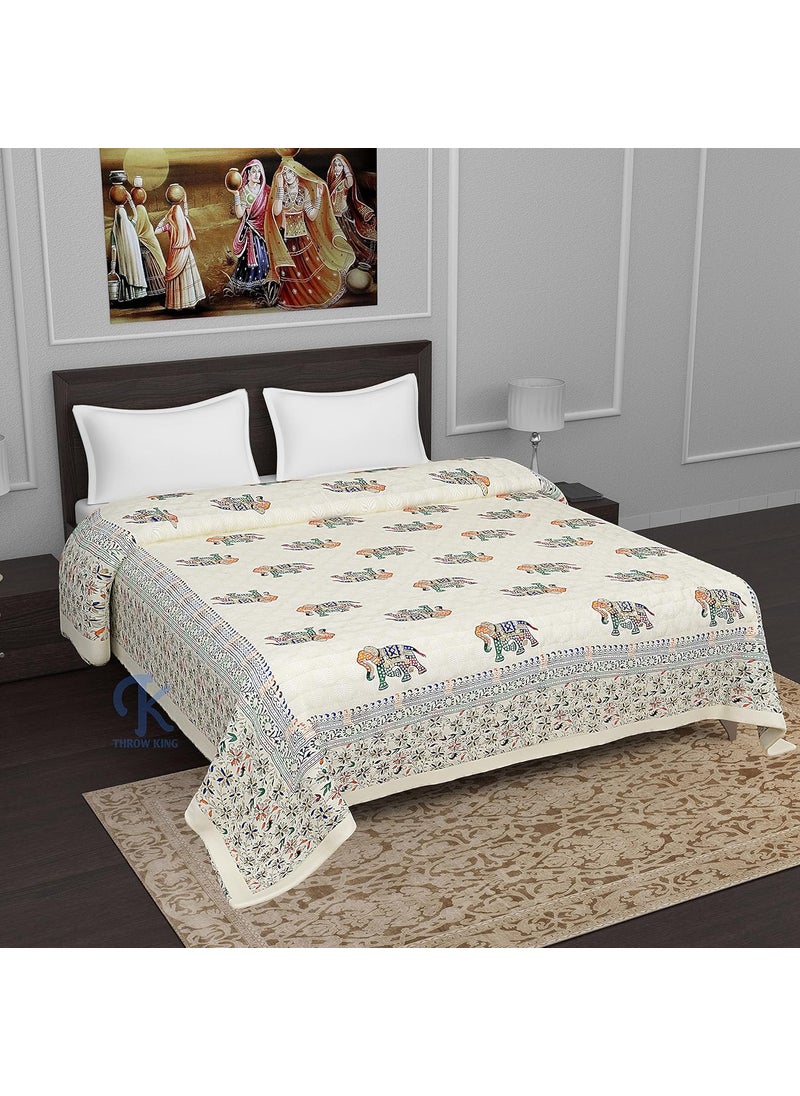 THROW KING Pure Organic Cotton Rajasthani Double Bed Jaipuri Razai Ac Blanket Hand Block Elephant Desing Print Double Bed Jaipuri razairajaiQuiltBlanket Double Bed