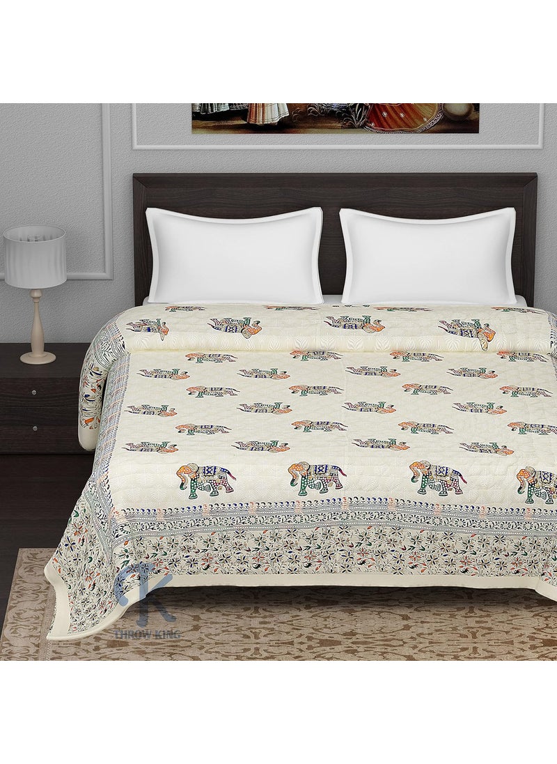 THROW KING Pure Organic Cotton Rajasthani Double Bed Jaipuri Razai Ac Blanket Hand Block Elephant Desing Print Double Bed Jaipuri razairajaiQuiltBlanket Double Bed