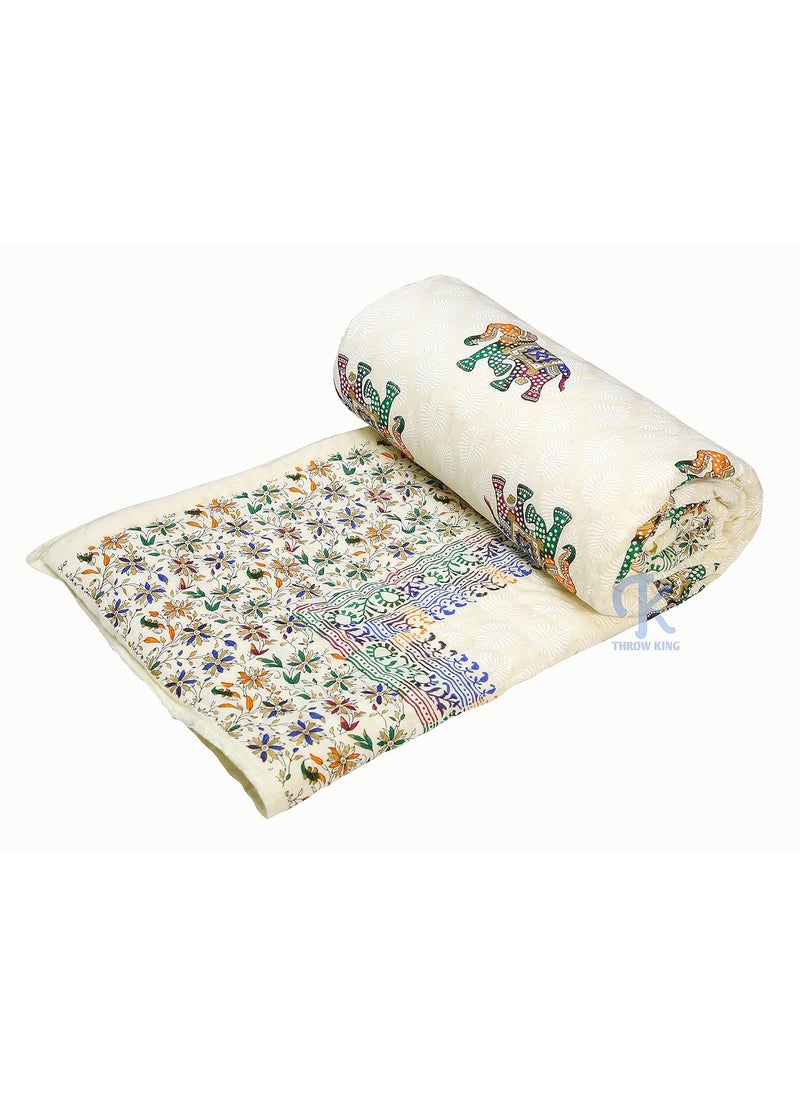 THROW KING Pure Organic Cotton Rajasthani Double Bed Jaipuri Razai Ac Blanket Hand Block Elephant Desing Print Double Bed Jaipuri razairajaiQuiltBlanket Double Bed